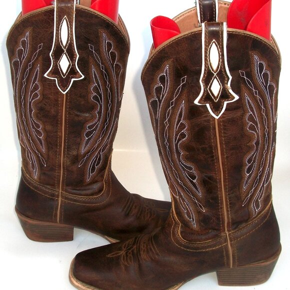 Justin Brown & White Leather Mid\Calf SquareToe Embroidered Cowgirl Boots 9M 39M - Picture 1 of 9